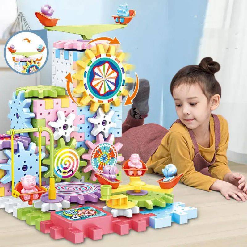 Building Blocks Gears Puzzle Bricks DIY Mainan Susun Blok Putar Elektrik