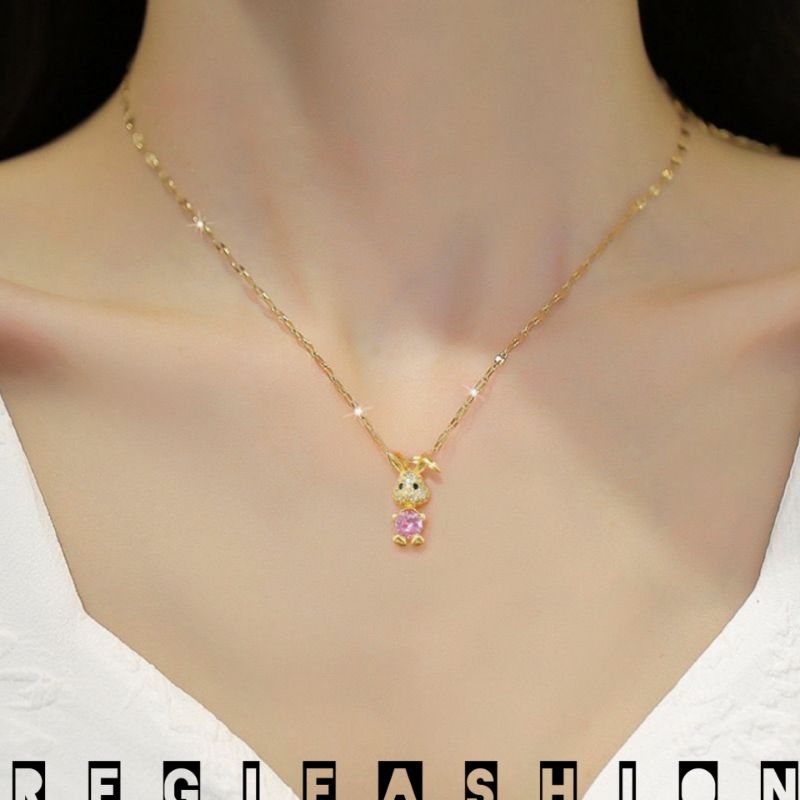 { COD } Kalung Titanium Wanita Korea Liontin Ruby Kelinci Kalung Wanita Korea Anti Karat Tidak Luntur