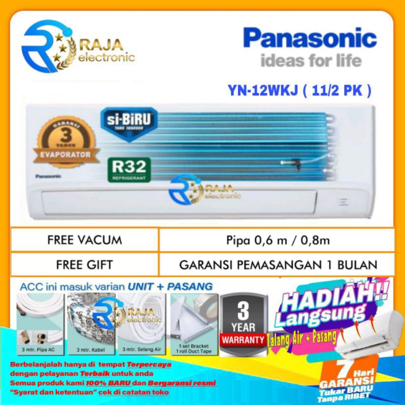 AC PANASONIC 11/2 PK YN 12 WKJ LOW VOLTAGE R32 SI BIRU + INSTALASI PEMASANGAN