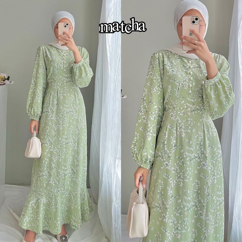 SHAKIRA DRESS | GAMIS MOTIF BUNGA KATUN FLOWER CRINKLE JUBAH ABAYA LEBARAN-matcha