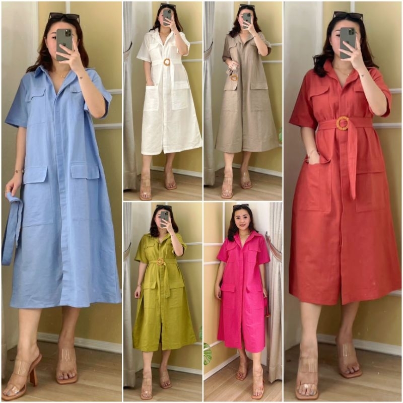 ♡ PREMIUM ♡ ORIGINAL ! CRETTY 4 POCKET LOOSE BUTTON MIDI DRESS WITH BELT ( BUSUI FRIENDLY )