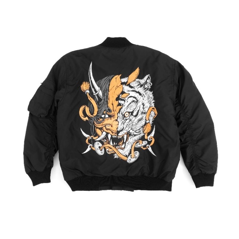 Imagineco Jacket Bomber Bordir Hitam Unisex Taslan Parasut Mayer "Oni Tiger"