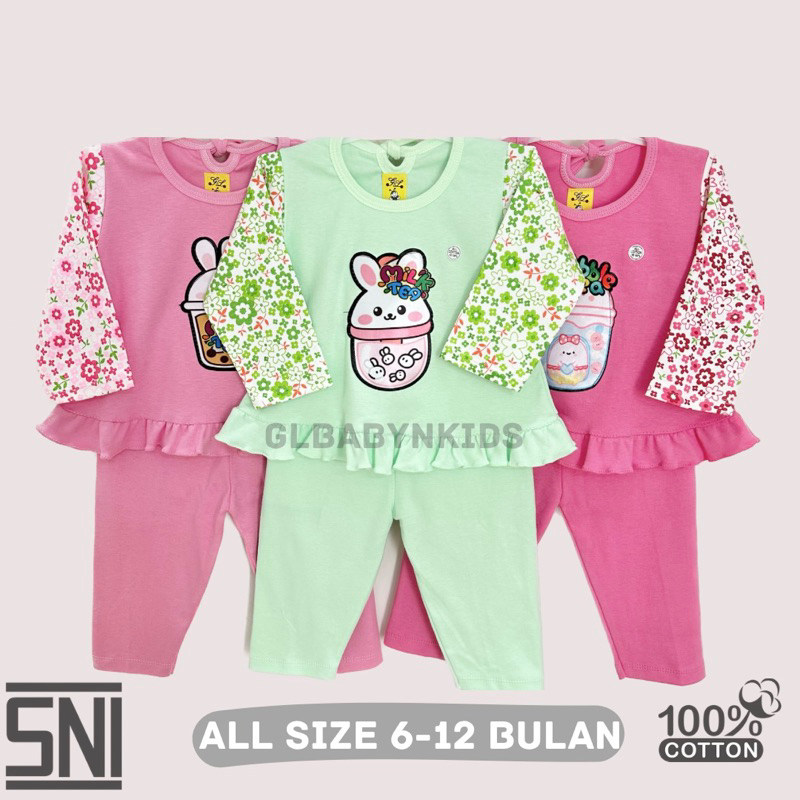 Setelan Panjang Bayi Anak Perempuan Motif Boba All Size 6-12 Bulan Katun 100%