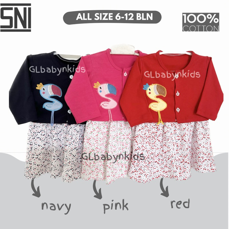 Dress 2in1: Dress Tanktop Bayi &amp; Cardigan Bordir Flamingo All Size 6-12 Bulan Katun SNI