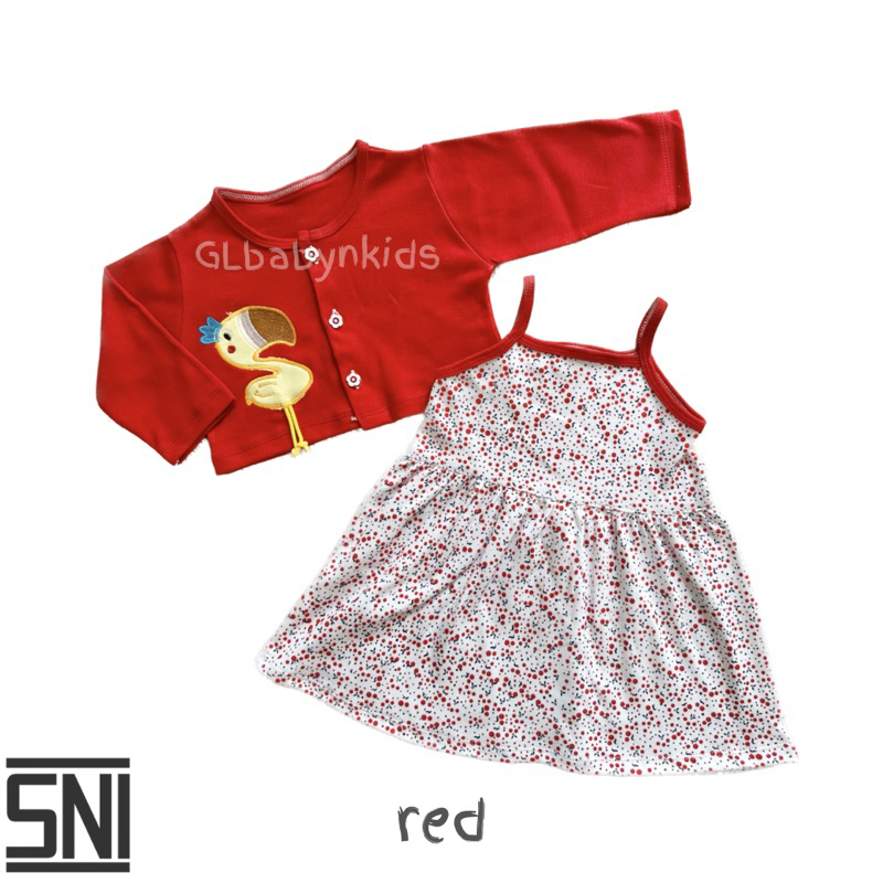 Dress 2in1: Dress Tanktop Bayi &amp; Cardigan Bordir Flamingo All Size 6-12 Bulan Katun SNI