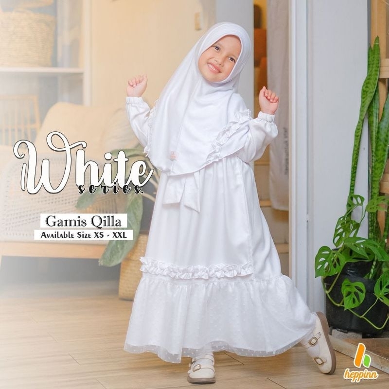 HEPPIN Set Gamis Anak Putih Series Qilla Bahan Katun Madinah Adem