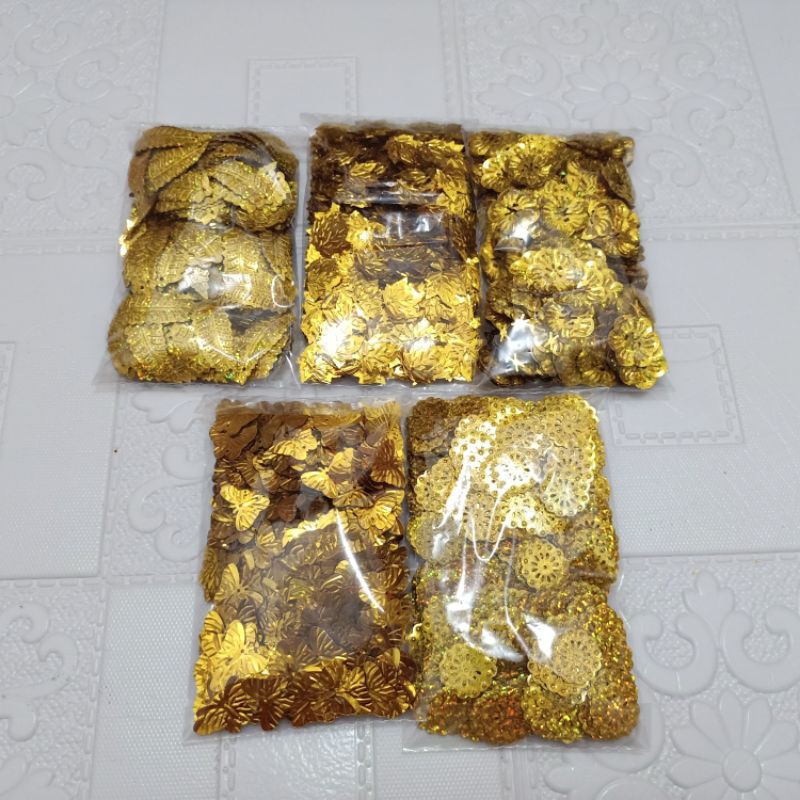 Payet 40 gr, warna emas : daun pisang, daun mangga, daun semanggi, daun pepaya / kanada, bunga terat