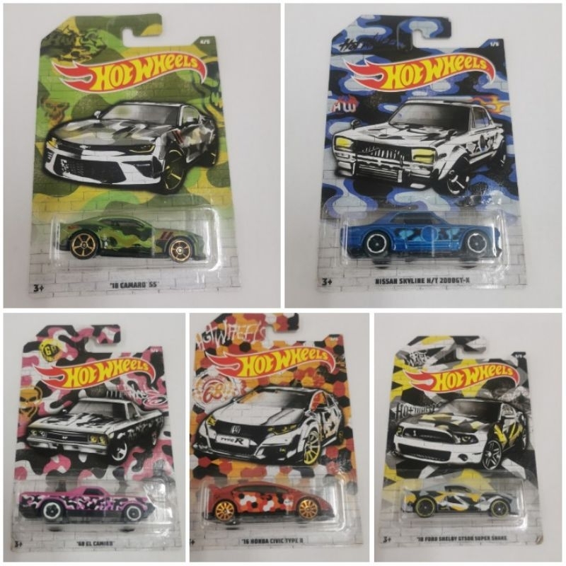 HOT WHEELS CAMOUFLAGE ARMY NISSAN SKYLINE H/T 2000GTX HAKOSUKA 16 HONDA CIVIC TYPE R EL CAMINO 18 CAMARO SS FORD SHELBY 500 GT SUPER SNAKE