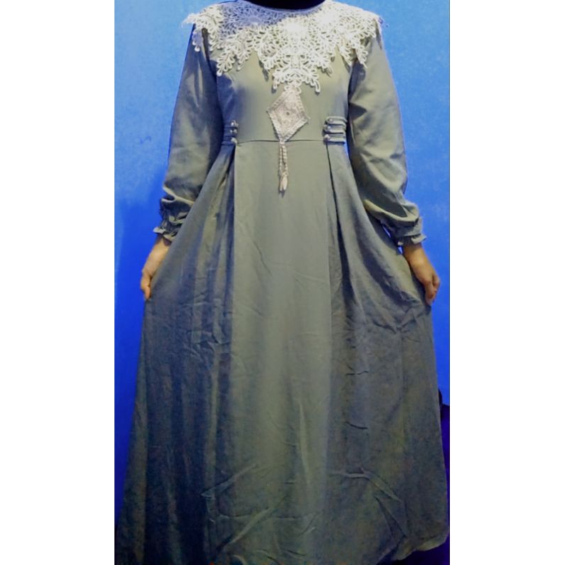 gamis renda dada, gamis lebaran, gamis kekinian