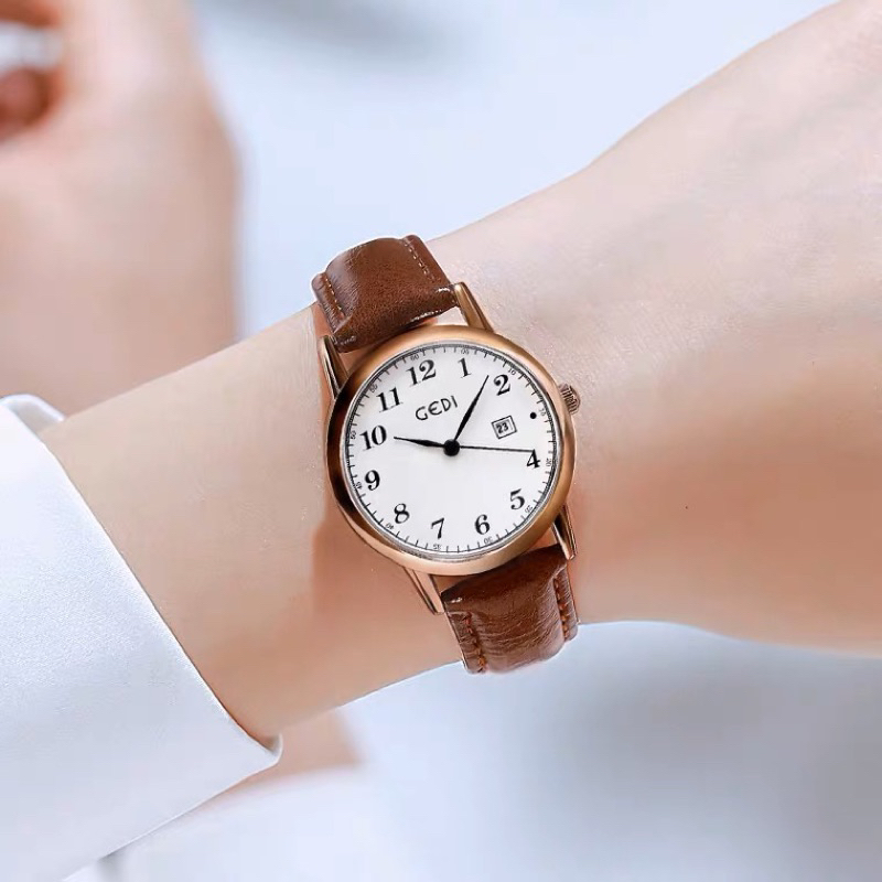 Jam tangan wanita GEDI CLASSIC tali kulit coklat asli Import -KOOLEY