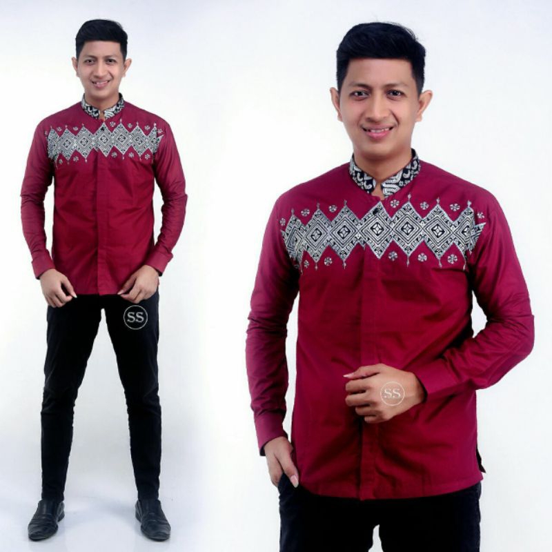 BAJU KOKO PRIA BORDIR KOMBINASI KEMEJA BATIK PRIA POLOS WARNA MERAH MARUN LENGAN PANJANG