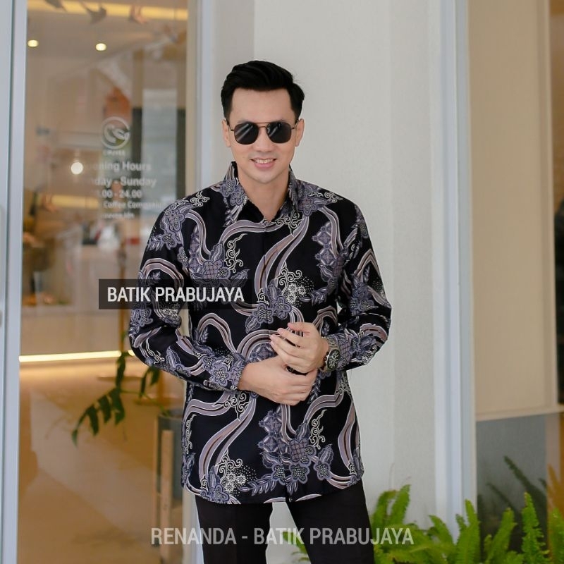 RENANDA Kemeja Batik Pria Modern Slimfit Premium Dewasa Lengan Panjang Full Furing - Baju Hem Batik Pria Slim fit Hitam Cowok Kondangan Pesta Kerja