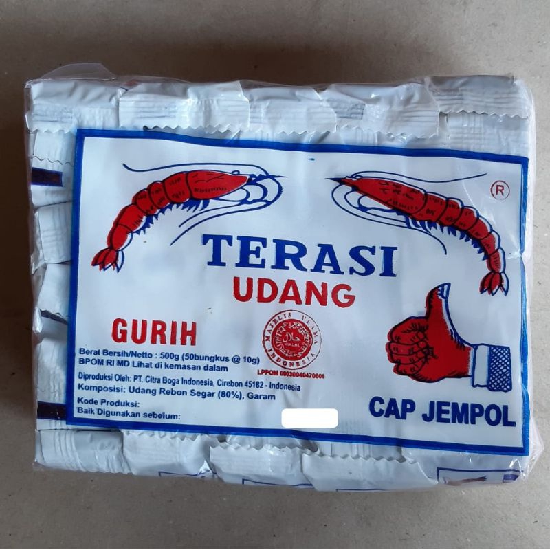 

Terasi Udang Asli Khas Cirebon Cap Jempol 500 gram isi 50