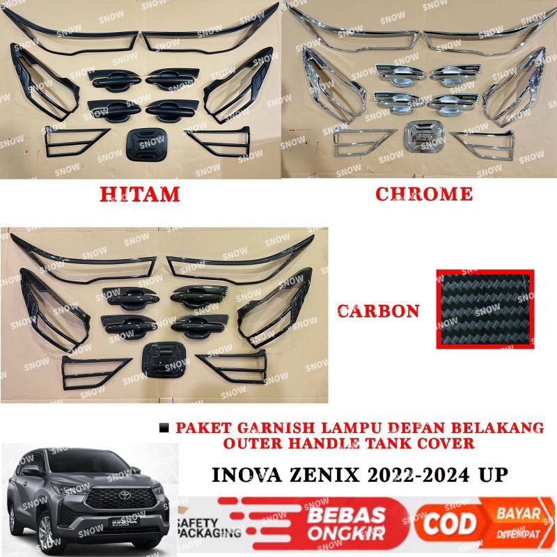 Paket Garnish Lampu Depan Belakang Outer Handle Tank Cover Innova Zenix 2023 2024 up Hitam Chrome Carbon