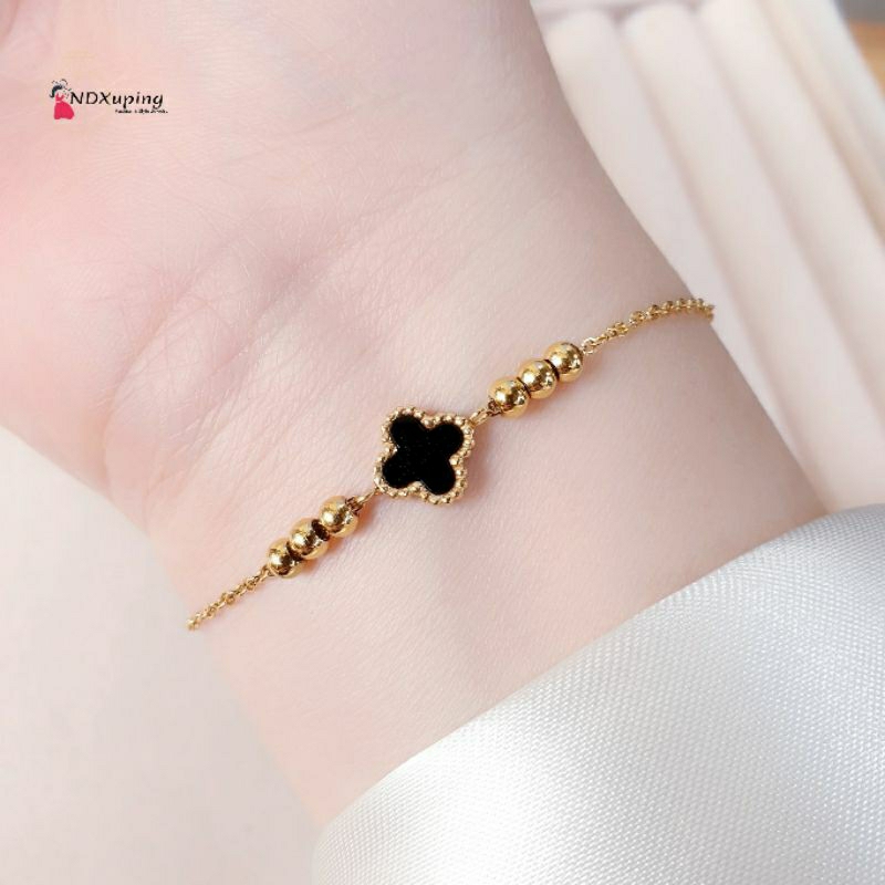 Gelang Tangan Rantai Wanita Titanium Gold Mata Hitam Biji Lada Fashion N16032306