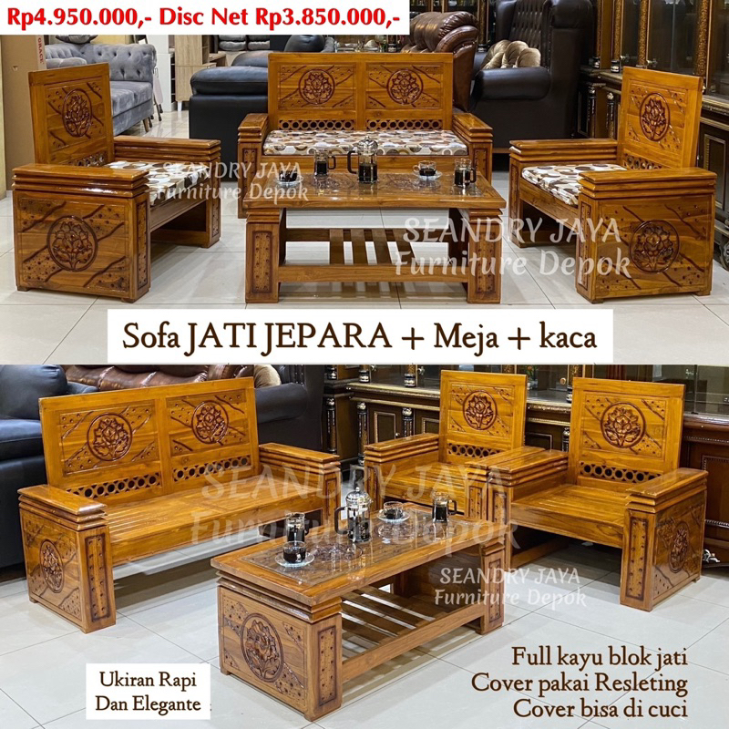 SOFA BLOK UKIR JATI JEPARA+MEJA TAMU+KACA/Cocok buat ruang minimalis kecil/SEANDRY JAYA Furniture De
