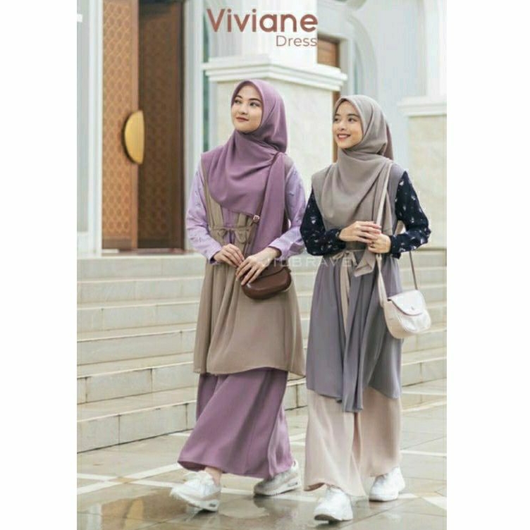 VIVIANE DRESS JILBRAVE | Gamis Crinkle Motif bunga Cute dengan Layer Outer menyatu