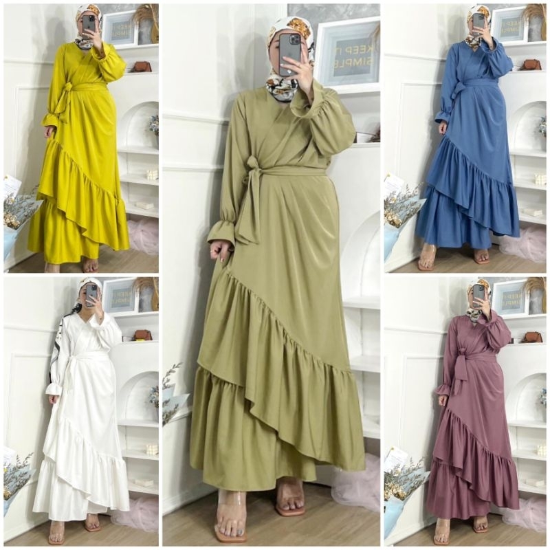 ♡ PREMIUM ♡ ORIGINAL ! YUNITA GAMIS DRAPPERY ASYMMETRIC BOTTOM RUFFLE MAXI DRESS ( HIJAB FRIENDLY )