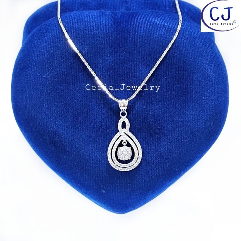 Kalung Perak Wanita Silver Asli 925 Lapis Emas Putih Cassandra Flexy Italy Liontin Permata Oval Gelombang - Perhiasan Perak Asli