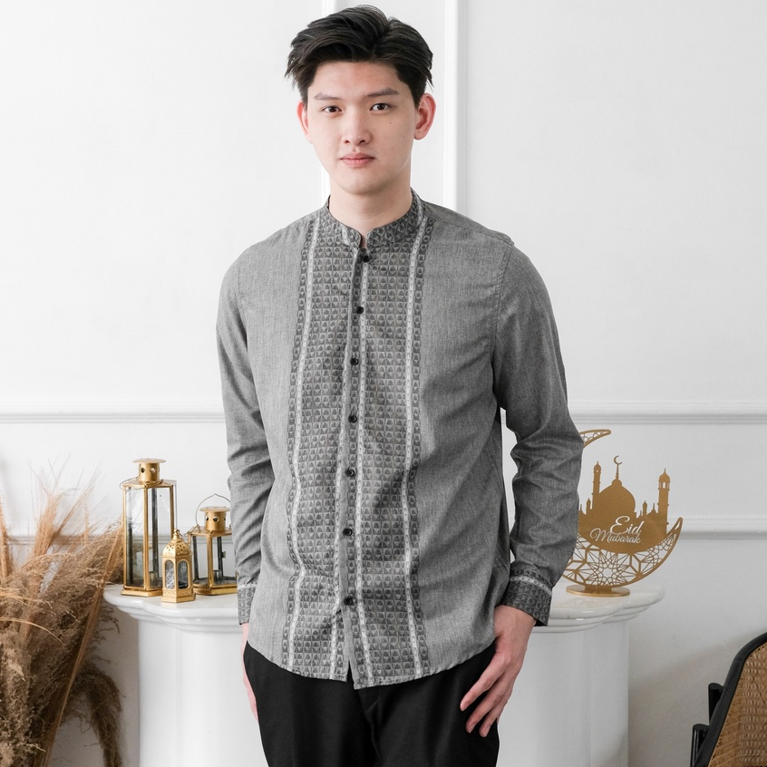 SANVANINA Kemeja Koko Shanghai Pria Lengan Panjang Motif Songket Slim Fit | Kemko Shanghai | Baju Kurta Kerah Shanghai Nassr EE-12