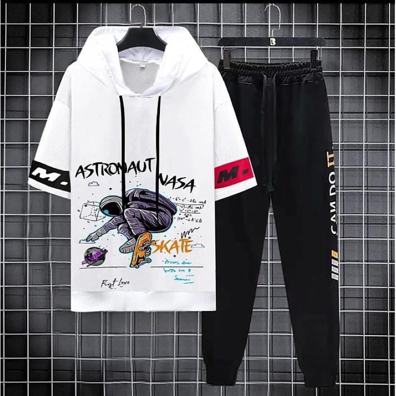 SETELAN HOODIE ASTRONOT NASA LENGAN PENDEK STELAN COWOK + CELANA JOGGER PRIA