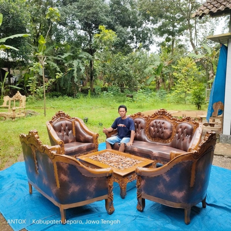 kursi Sofa tamu kayu jati ukiran Ganesa mebel Jepara