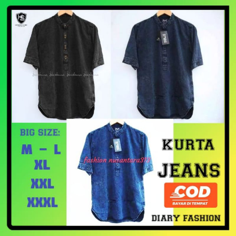 Baju Atasan Kurta Jeans Pria Lengan Pendek Jumbo Big size xxl xxxl/Baju Koko Kurta Pria Jumbo Lengan
