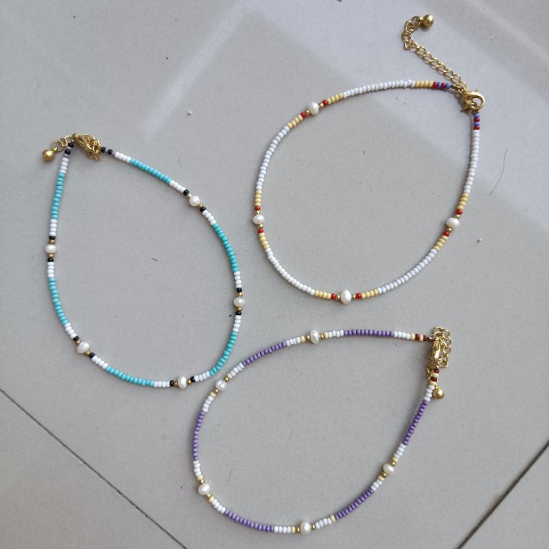 [ PO ] Kania Anklets - Gelang Kaki Wanita Simple Crystal Batu Tali Serut Gemstone Mutiara Air Tawar 