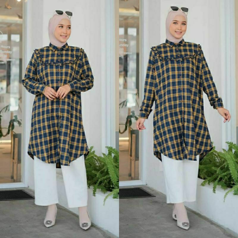 Tunik wanita kemeja flanel kotak/kemeja tunik katun flanel lengan panjang