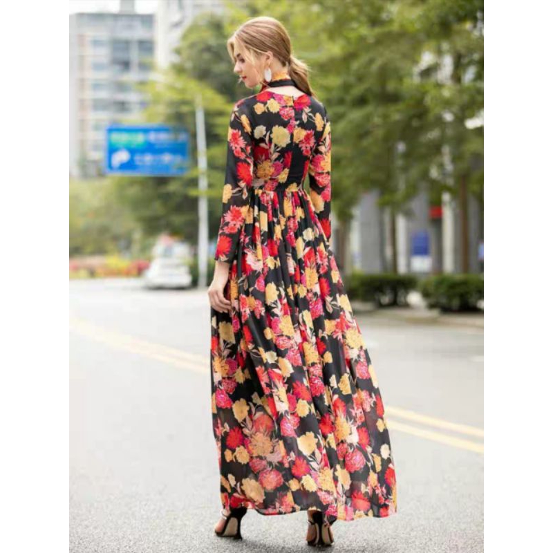 51174 Three M (Set SCRAFT) Baju maxidress longdress Maxi dress motif bunga lengan panjang hitam dres