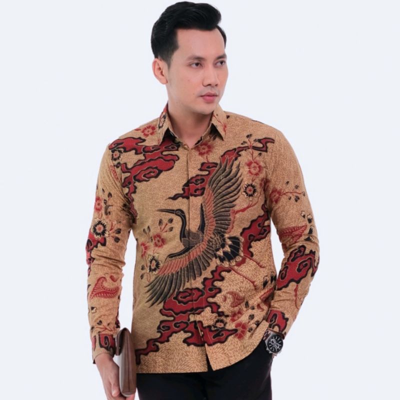 BATIK PRIA SLIMFIT LENGAN PANJANG PREMIUM COKELAT MOCA TERBARU.BAJU KEMEJA BATIK PRIA COWOK LENGAN P