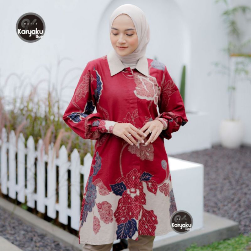 COUPLE TUNIK KEMEJA MAWAR MERAH  BATIK COUPLE MODERN BATIK TRENDING INTERNATIONAL COUPLE