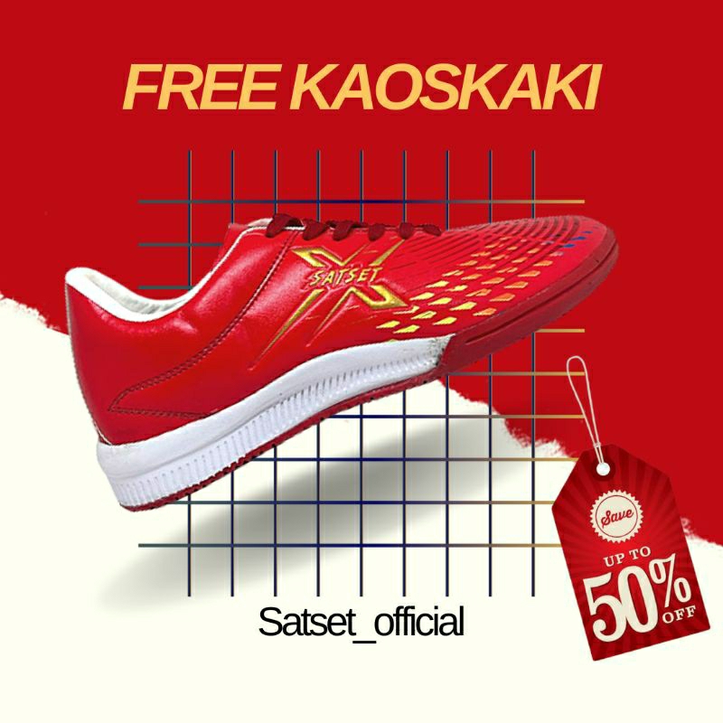 SEPATU FUTSAL ORIGINAL 100% SATSET X JAGABAYA PRO IN ORI RED GOLD TERBARU