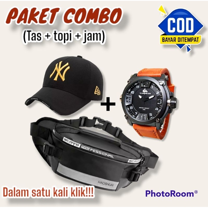 PAKET COMBO - Tas selempang pria gratis jam dan topi baseball/tas free topi/tas free jam/topi pria t