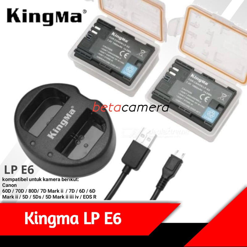 Baterai + Charger KINGMA LP E6 2 pcs / LC E6 Original for Canon EOS 80D 70D 60D 7D Eos R 5D mark ii 