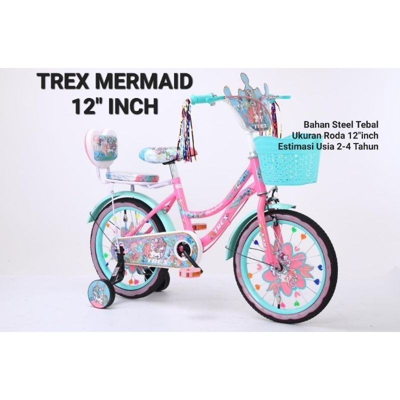 SEPEDA ANAK MINI KERANJANG TREX MERMAID 12 INCH USIA 2-4 TAHUN SEPEDA MINI ANAK 12INCH RODA BANTU RODA SAMPING