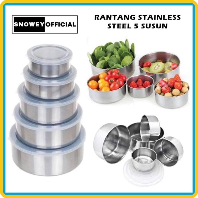 MEDAN MURAH - RANTANG 5 SUSUN STAINLESS STEEL POLOS KOTAK MAKAN TEMPAT BEKAL TUTUP PLASTIK FRESH BOX