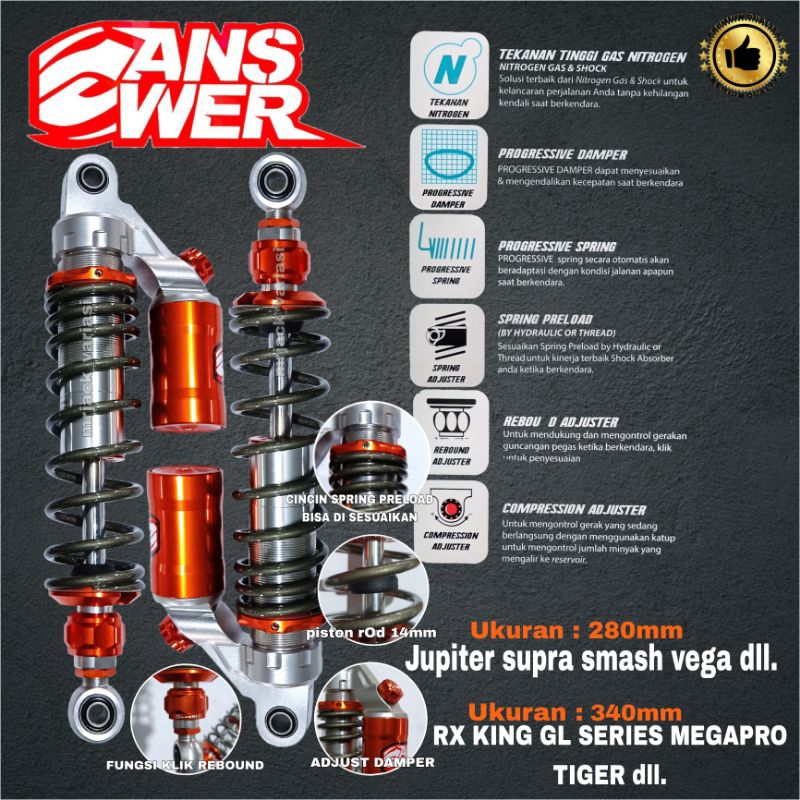 Shock Belakang RX KING MEGAPRO GL SERIES TIGER  SUPRA SMASH JUPITER VEGA type Answer 011 2Stelan 280