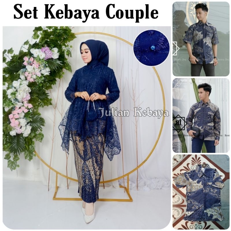 SET KEBAYA COUPLE / BAJU BATIK COUPLE / BAJU COUPLE KEBAYA BRUKAT NAVY BATIK LAMARAN WISUDA PESTA