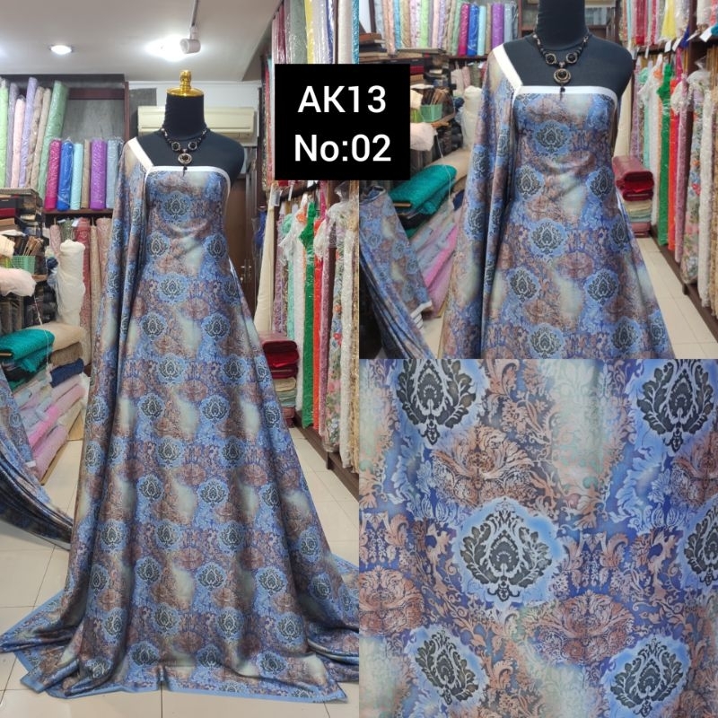 Kain Armany Silky Bunga Abstrak AK13 Biru Denim