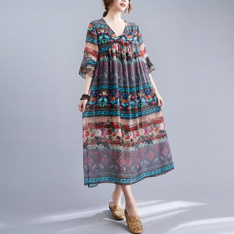 1682 (Set Inner Tanktop) Baju mididress Floral Midi dress chiffon motif bunga flower hijau dres Kore