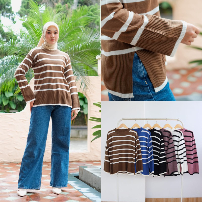 ZETA SWEATER RAJUT KNIT MODEL GARIS LIS ATASAN HIJAB MUSLIM TANGAN PANJANG ABG BIGSIZE MELAR