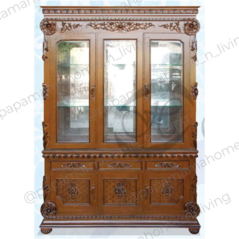 Lemari Hias Kaca 3 Pintu - Lemari Hias Jepara Bahan Kayu Jati Asli Tipe Capella 3P - Medan