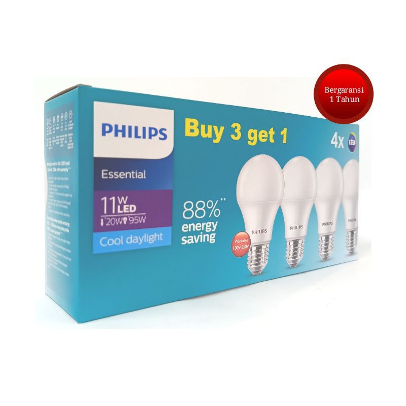 Lampu Philips Essential MultiPack LED Bulb 11W 3 gratis 1