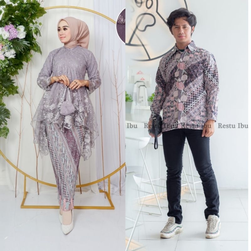 Kebayashopp - Couple kebaya ARUMI tulle bordir rok plisket  mix kemeja panjang/setelan kebaya arumi/ couple kebaya moderen/couple keluarga/couple kebaya pesta/couple kebaya tunangan/kebaya kondangan/couple termurah/couple kebaya busui