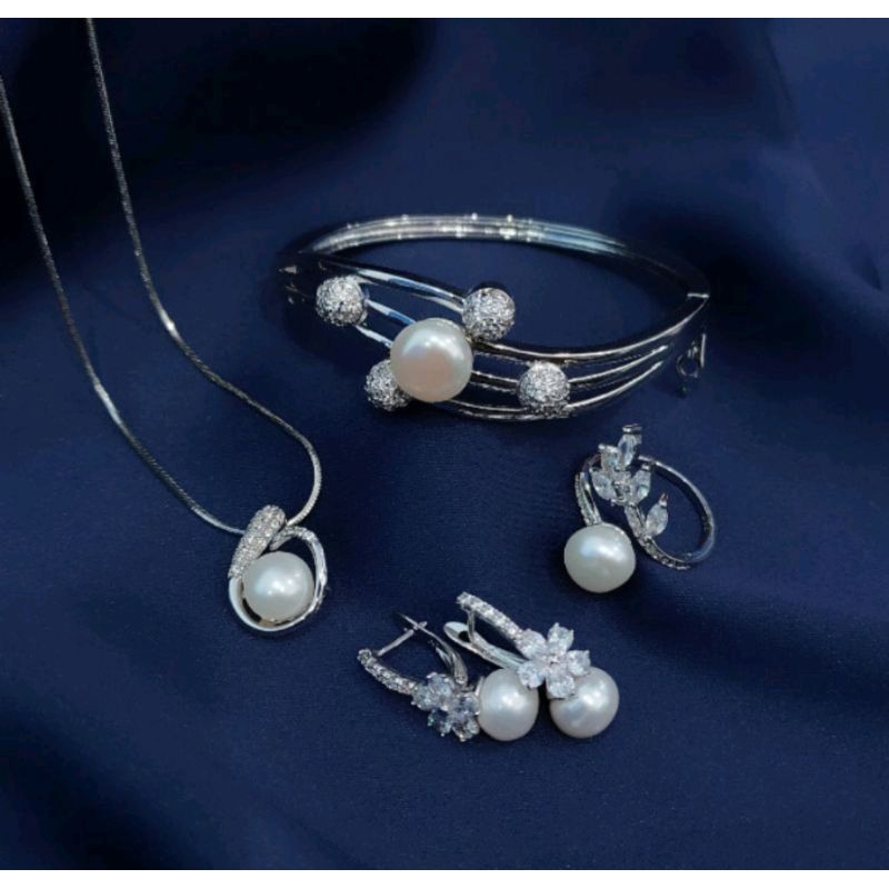 set rhodium mutiara tawar asli bersertifikat || set perhiasan