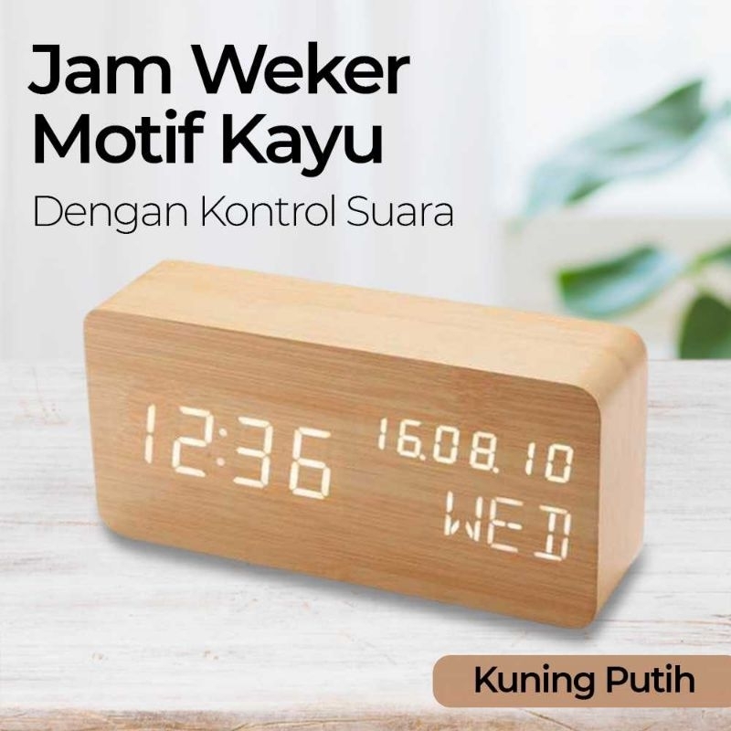 Jam Weker Alarm Motif Kayu Digital Voice Control