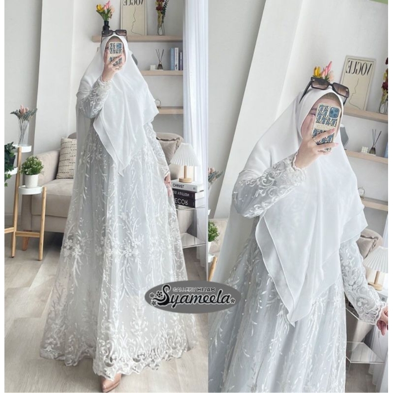 Set gamis syari / gamis putih bersih syar'i white gamis brukat putih baju haji gamis umroh busui set