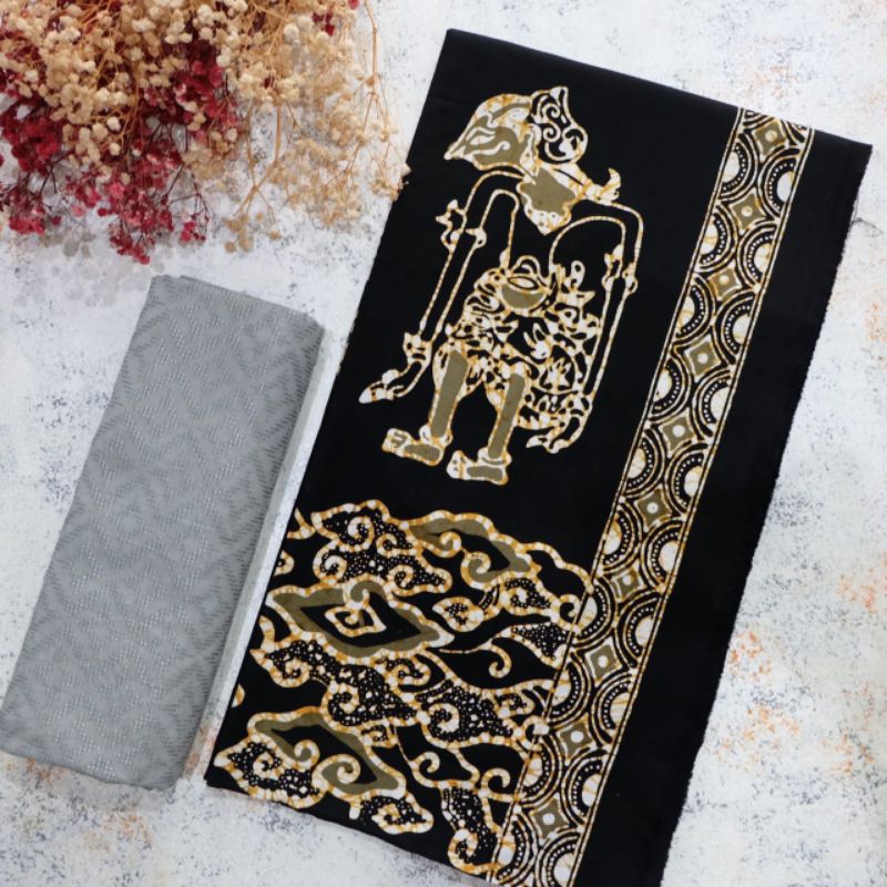 kain batik cap kombinasi tulis sogan remekan warna hitam bahan katun motif wayang khas trusmi cirebo