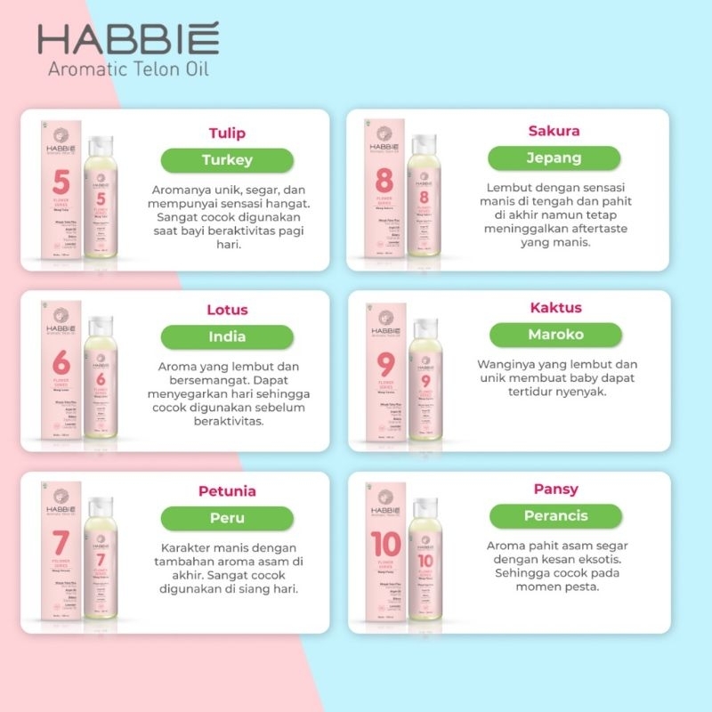 HABBIE Aromatic Telon Oil 100ml Flower Series dan Tea Series / Minyak Telon Bayi Aroma Eksklusif